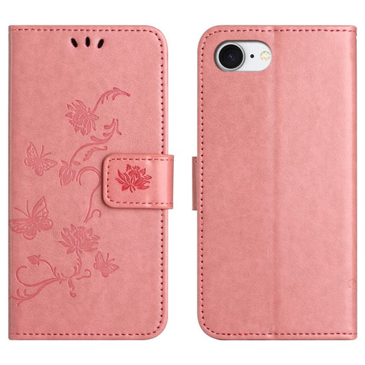 For iPhone 16e Case Wallet Stand Imprinted Butterfly Flower PU Leather Phone Cover - Pink