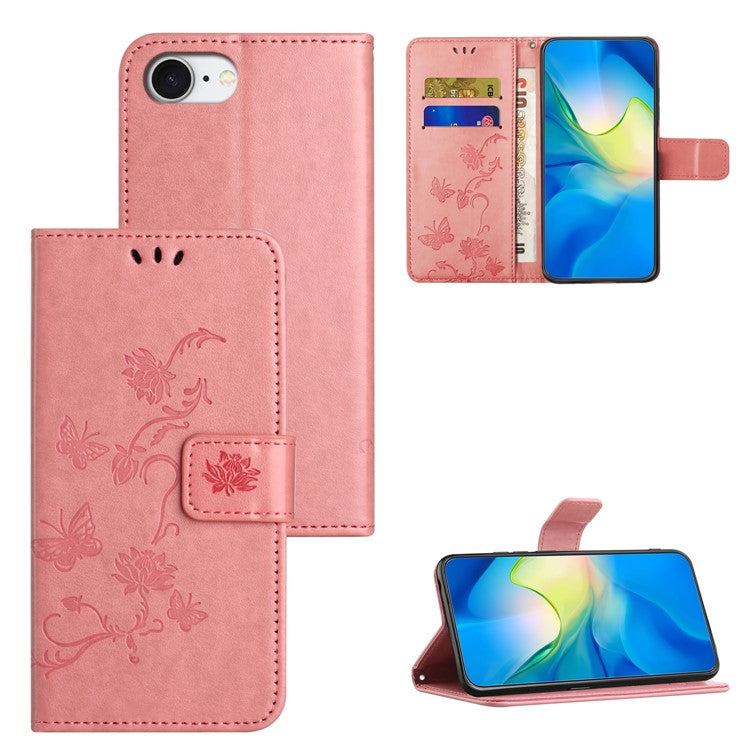 For iPhone 16e Case Wallet Stand Imprinted Butterfly Flower PU Leather Phone Cover - Pink