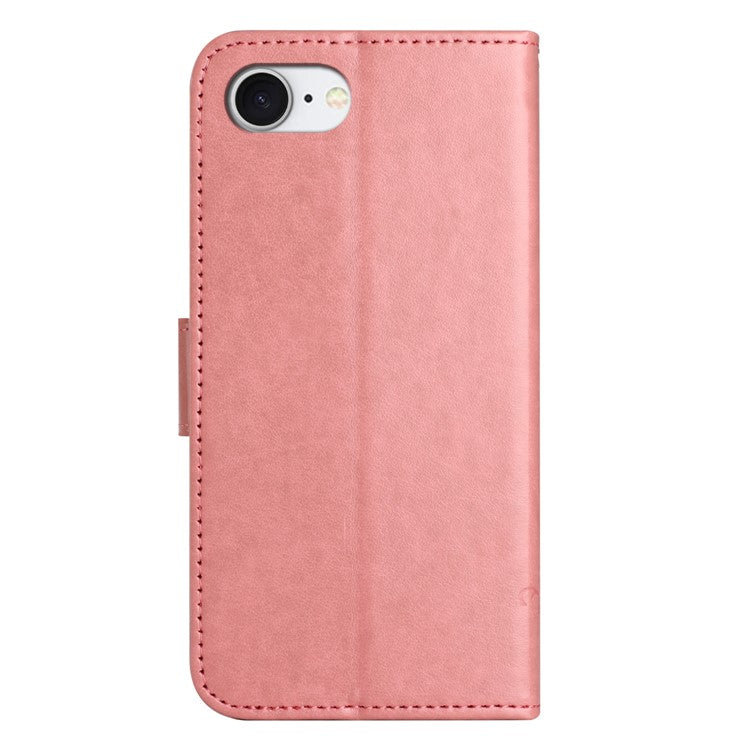For iPhone 16e Case Wallet Stand Imprinted Butterfly Flower PU Leather Phone Cover - Pink