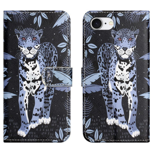 For iPhone 16e Case Pattern Print PU Leather Wallet Phone Cover Cross Texture - Leopard