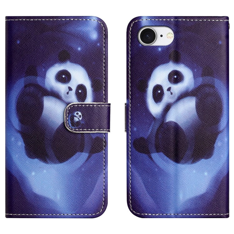 For iPhone 16e Case Pattern Print PU Leather Wallet Phone Cover Cross Texture - Panda