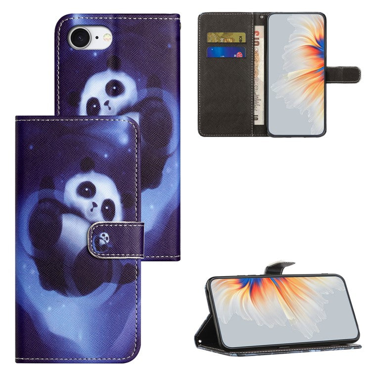 For iPhone 16e Case Pattern Print PU Leather Wallet Phone Cover Cross Texture - Panda
