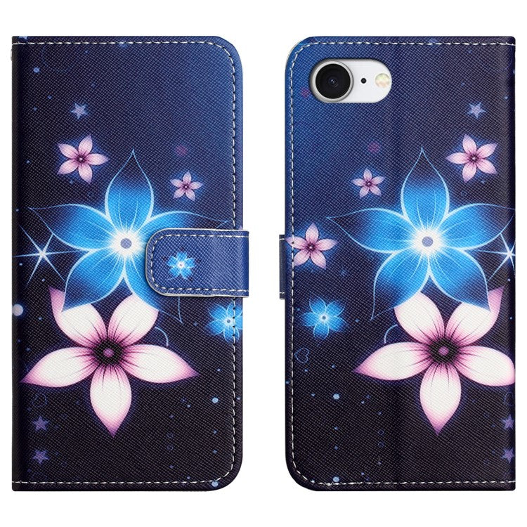 For iPhone 16e Case Pattern Print PU Leather Wallet Phone Cover Cross Texture - Blue Flower