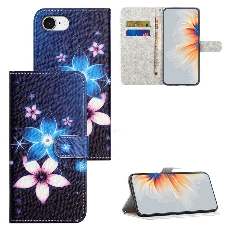For iPhone 16e Case Pattern Print PU Leather Wallet Phone Cover Cross Texture - Blue Flower