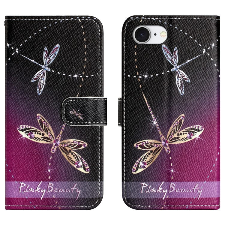 For iPhone 16e Case Pattern Print PU Leather Wallet Phone Cover Cross Texture - Dragonfly