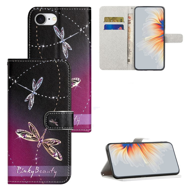 For iPhone 16e Case Pattern Print PU Leather Wallet Phone Cover Cross Texture - Dragonfly