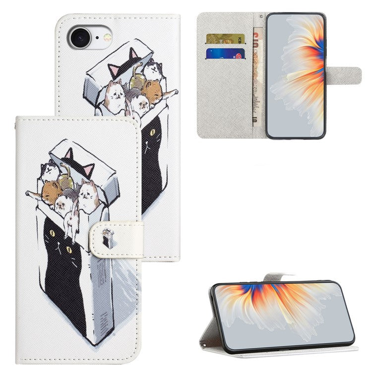 For iPhone 16e Case Pattern Print PU Leather Wallet Phone Cover Cross Texture - Cats