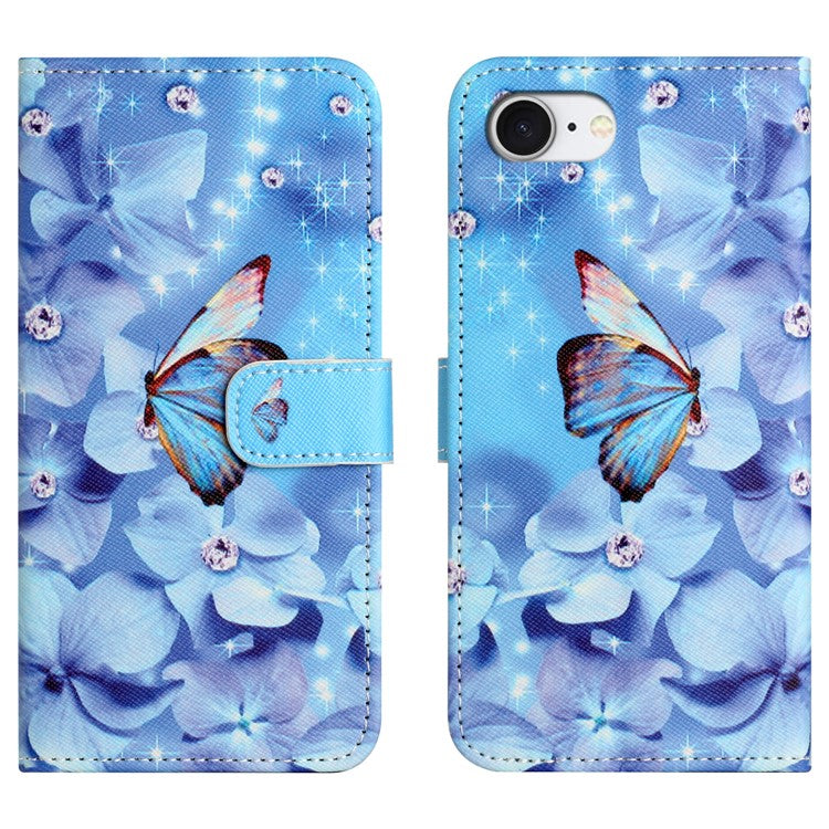 For iPhone 16e Case Pattern Print PU Leather Wallet Phone Cover Cross Texture - Flower and Butterfly