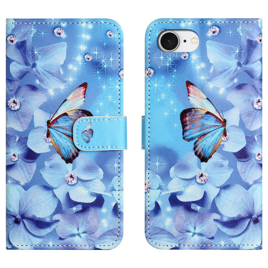 For iPhone 16e Case Pattern Print PU Leather Wallet Phone Cover Cross Texture - Flower and Butterfly