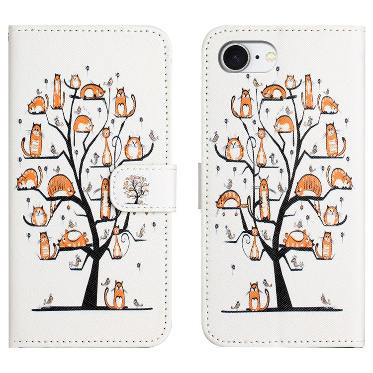 For iPhone 16e Case Pattern Print PU Leather Wallet Phone Cover Cross Texture - Cat and Tree