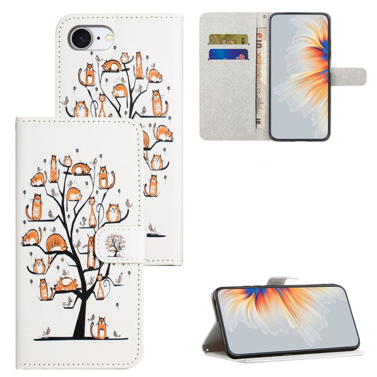 For iPhone 16e Case Pattern Print PU Leather Wallet Phone Cover Cross Texture - Cat and Tree