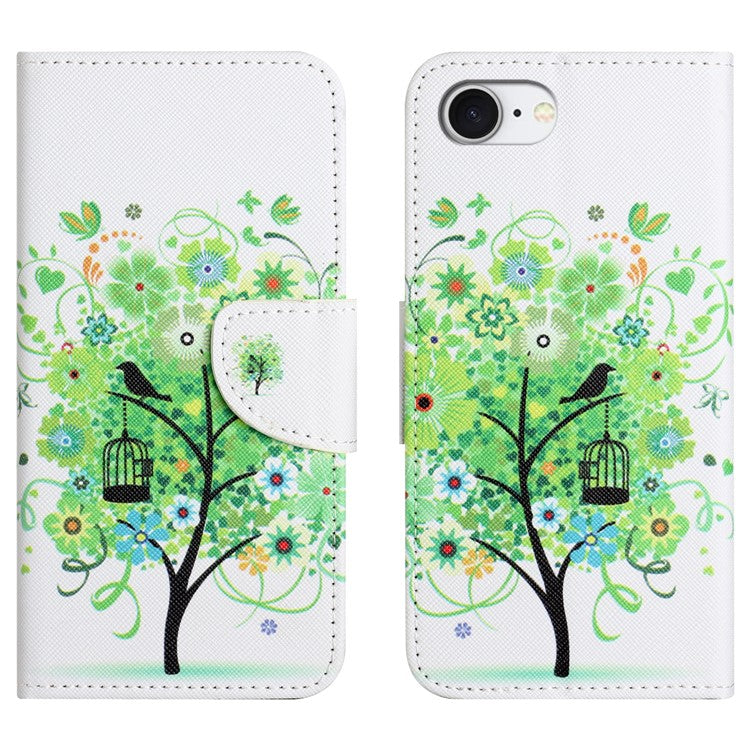 For iPhone 16e Case Pattern Printing Cross Texture Leather Phone Cover - Green Tree
