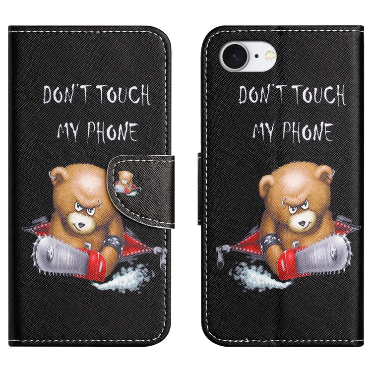 For iPhone 16e Case Pattern Printing Cross Texture Leather Phone Cover - Bear