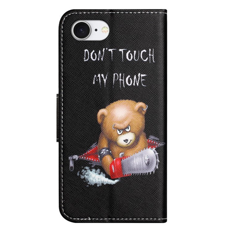 For iPhone 16e Case Pattern Printing Cross Texture Leather Phone Cover - Bear