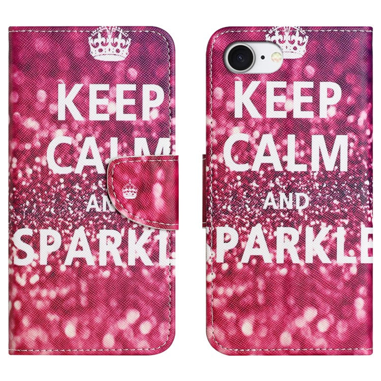 For iPhone 16e Case Pattern Printing Cross Texture Leather Phone Cover - Keep Calm and Sparkle