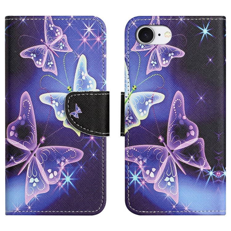 For iPhone 16e Case Pattern Printing Cross Texture Leather Phone Cover - Sparkling Butterfly