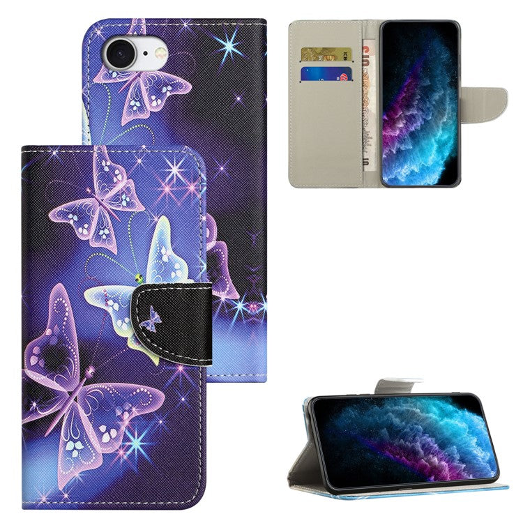 For iPhone 16e Case Pattern Printing Cross Texture Leather Phone Cover - Sparkling Butterfly