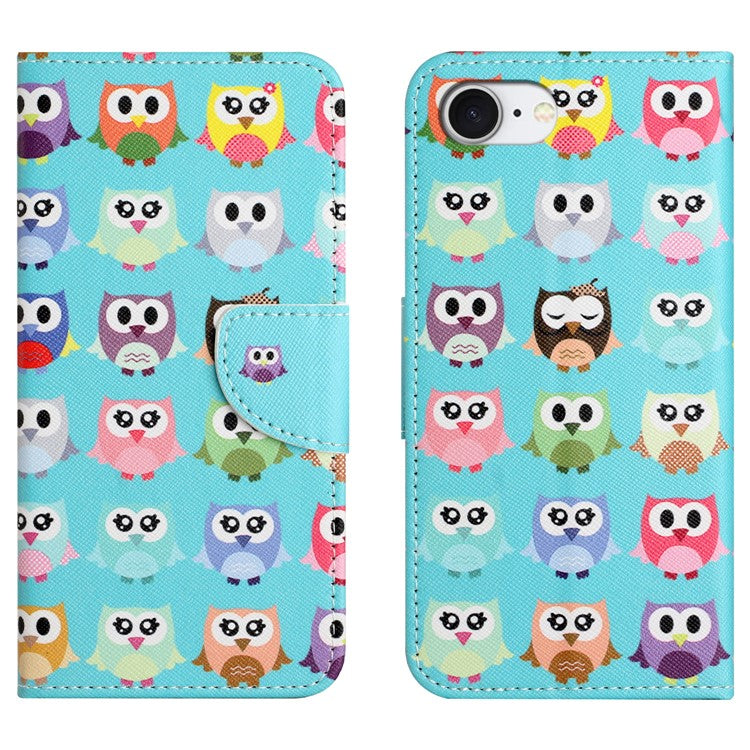 For iPhone 16e Case Pattern Printing Cross Texture Leather Phone Cover - Owls