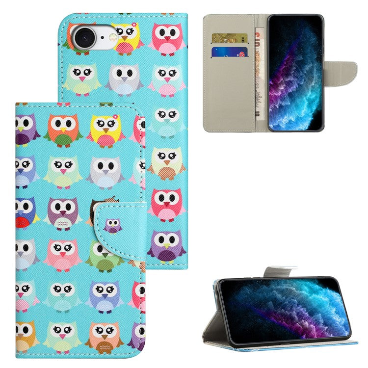 For iPhone 16e Case Pattern Printing Cross Texture Leather Phone Cover - Owls