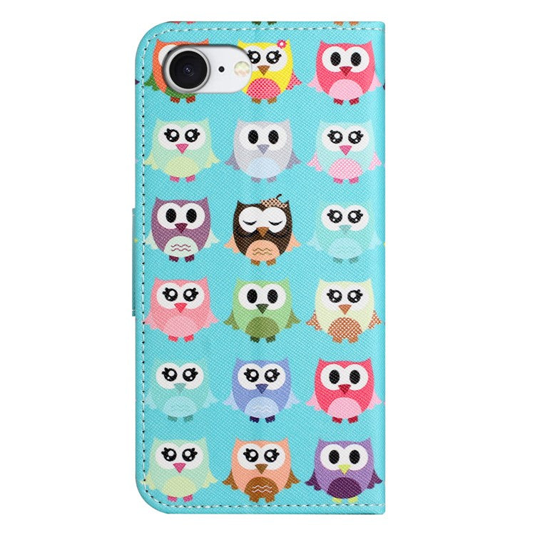 For iPhone 16e Case Pattern Printing Cross Texture Leather Phone Cover - Owls