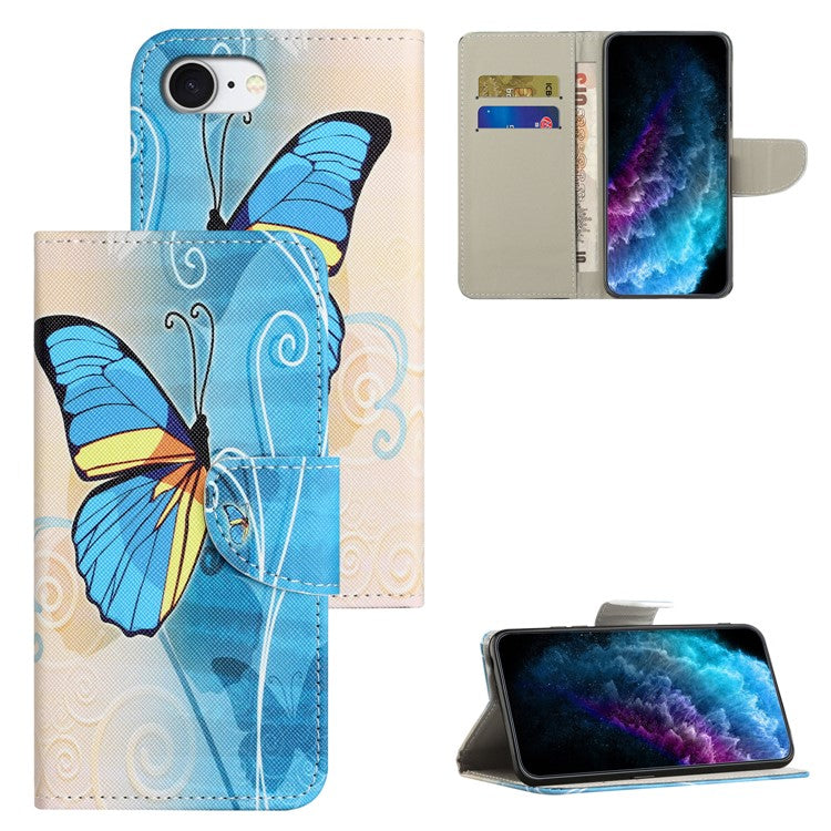 For iPhone 16e Case Pattern Printing Cross Texture Leather Phone Cover - Butterfly