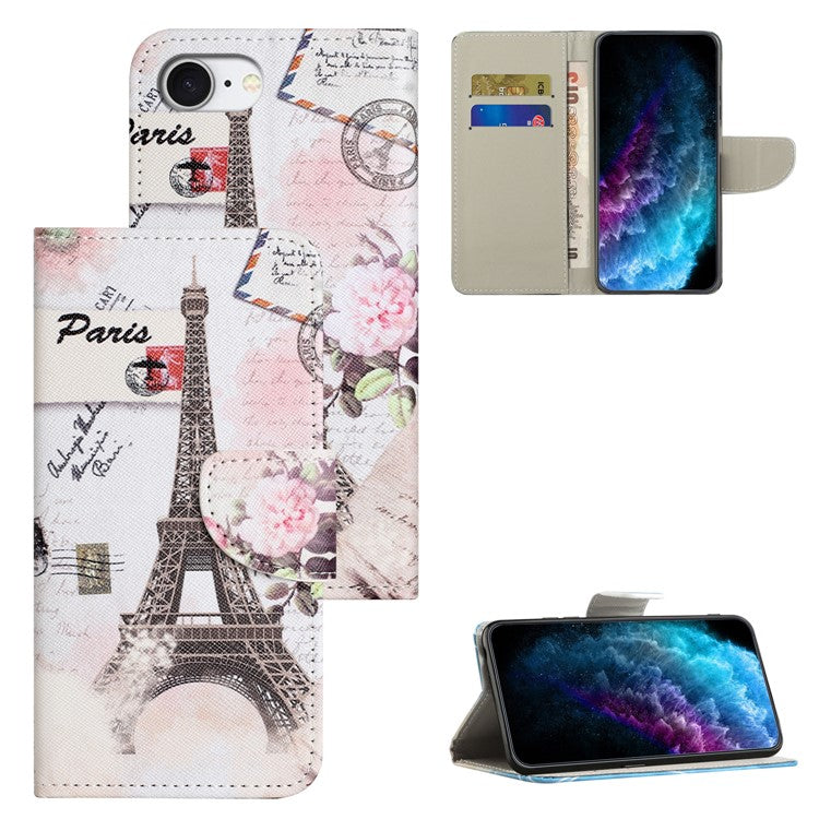 For iPhone 16e Case Pattern Printing Cross Texture Leather Phone Cover - Tower