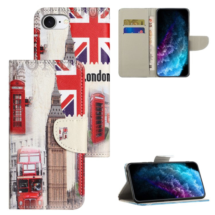 For iPhone 16e Case Pattern Printing Cross Texture Leather Phone Cover - London Big Ben