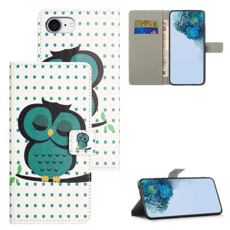 For iPhone 16e Case Pattern Print PU Leather Wallet Phone Cover - Dots Owl