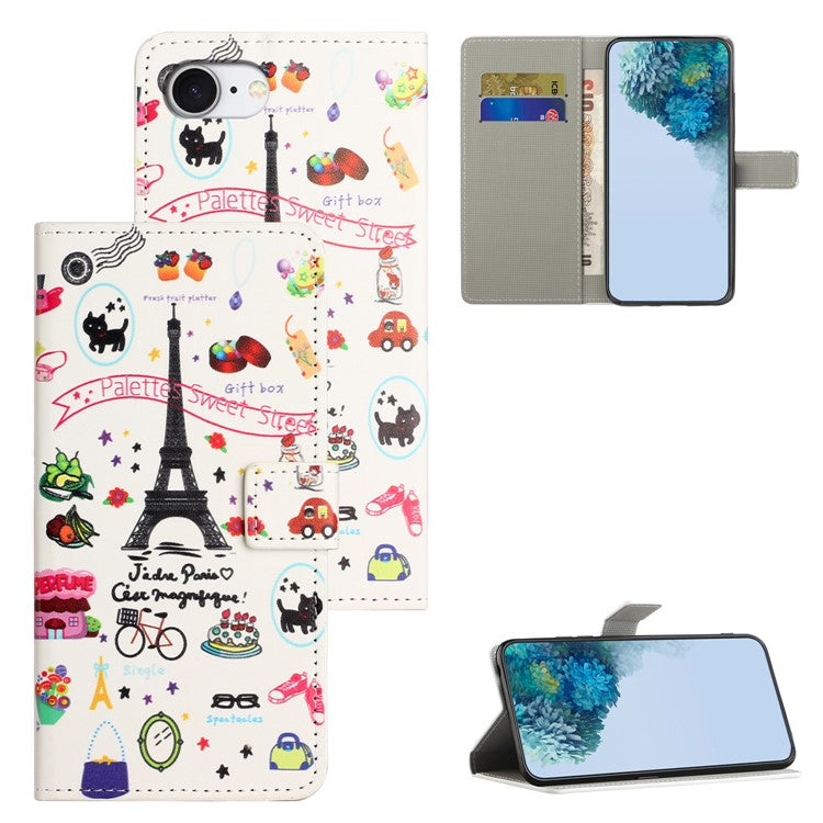For iPhone 16e Case Pattern Print PU Leather Wallet Phone Cover - Eiffel Tower