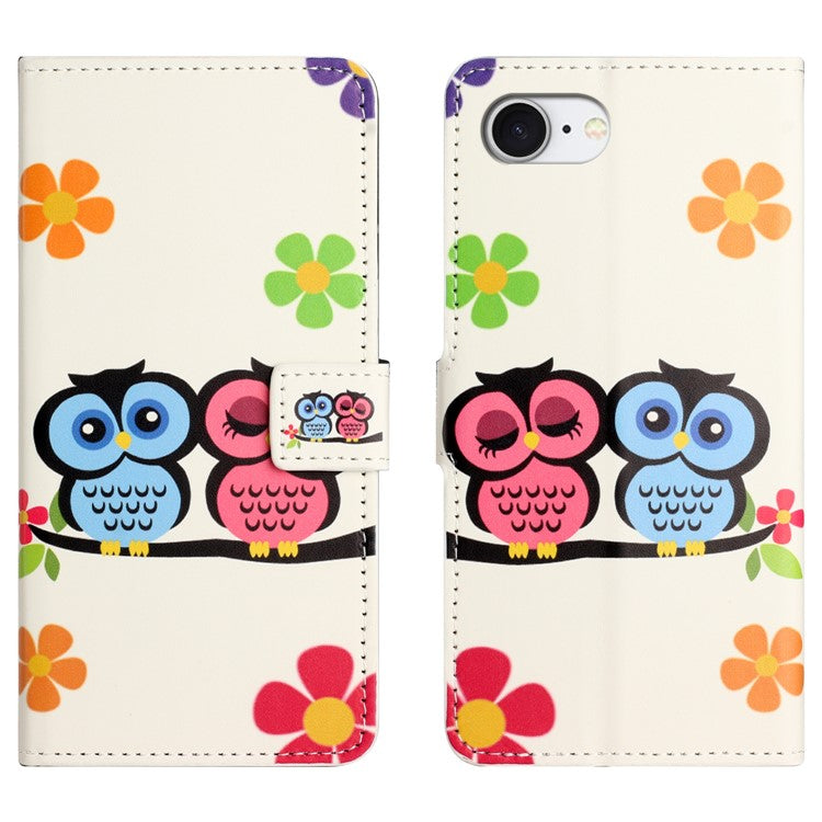 For iPhone 16e Case Pattern Print PU Leather Wallet Phone Cover - Couple Owls