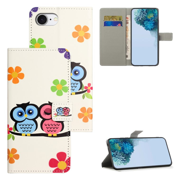 For iPhone 16e Case Pattern Print PU Leather Wallet Phone Cover - Couple Owls