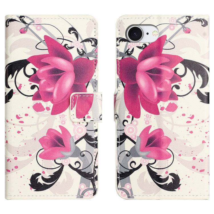 For iPhone 16e Case Pattern Print PU Leather Wallet Phone Cover - Lotus