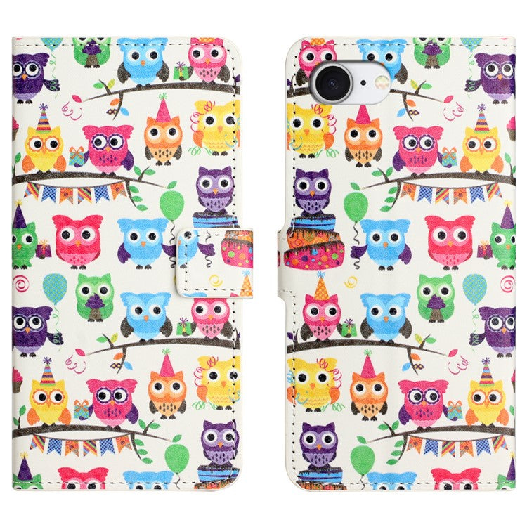 For iPhone 16e Case Pattern Print PU Leather Wallet Phone Cover - Owls Sticker