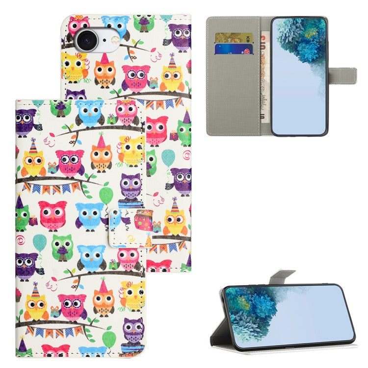 For iPhone 16e Case Pattern Print PU Leather Wallet Phone Cover - Owls Sticker