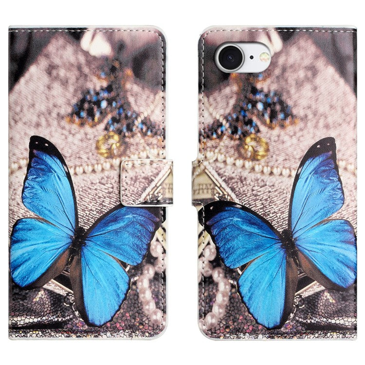 For iPhone 16e Case Pattern Print PU Leather Wallet Phone Cover - Blue Butterfly