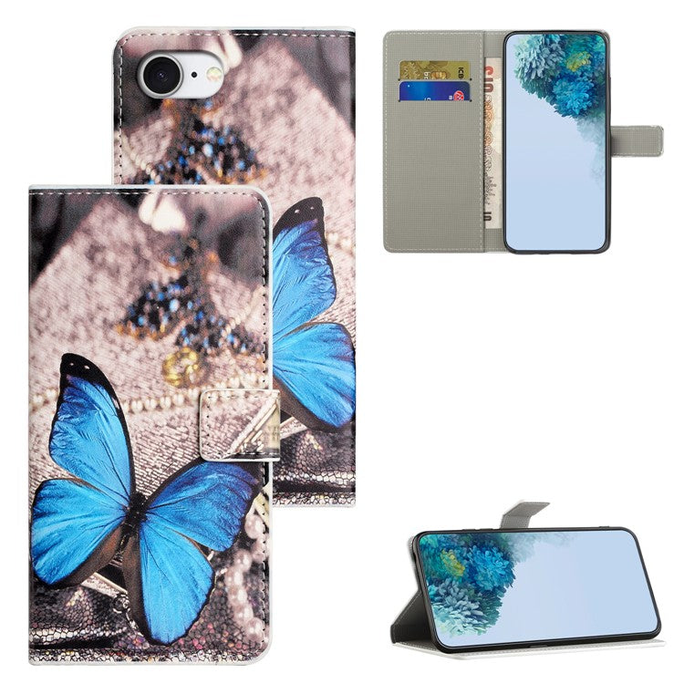 For iPhone 16e Case Pattern Print PU Leather Wallet Phone Cover - Blue Butterfly
