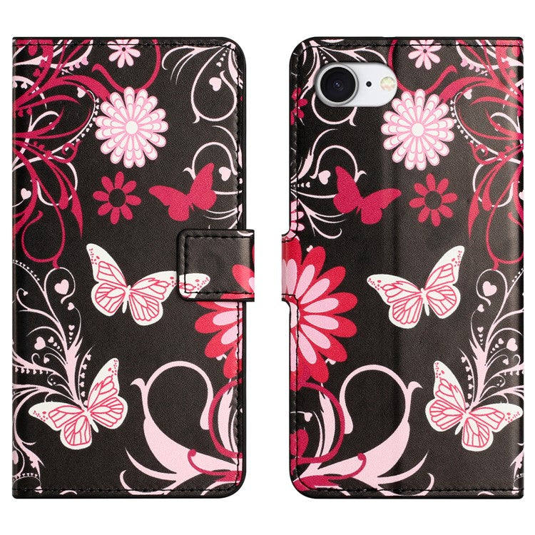 For iPhone 16e Case Pattern Print PU Leather Wallet Phone Cover - Black Butterfly