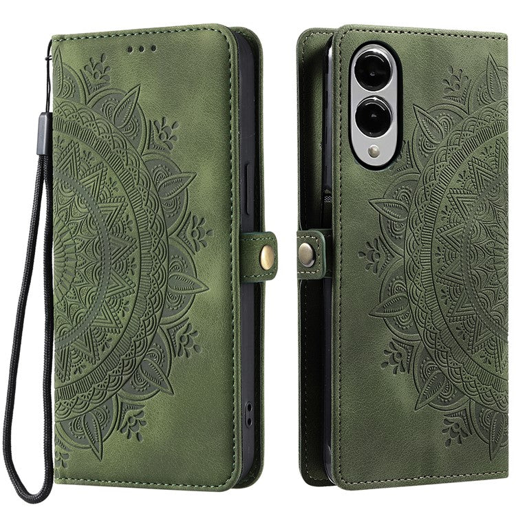 For Samsung Galaxy S25 Edge Wallet Case Leather Phone Cover Skin Feel Totem Imprinted - Blackish Green