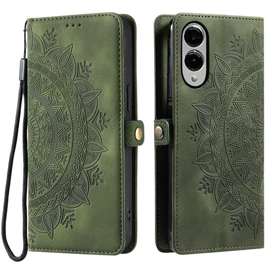 For Samsung Galaxy S25 Edge Wallet Case Leather Phone Cover Skin Feel Totem Imprinted - Blackish Green