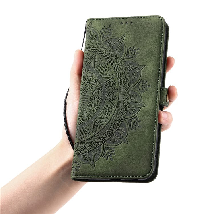 For Samsung Galaxy S25 Edge Wallet Case Leather Phone Cover Skin Feel Totem Imprinted - Blackish Green