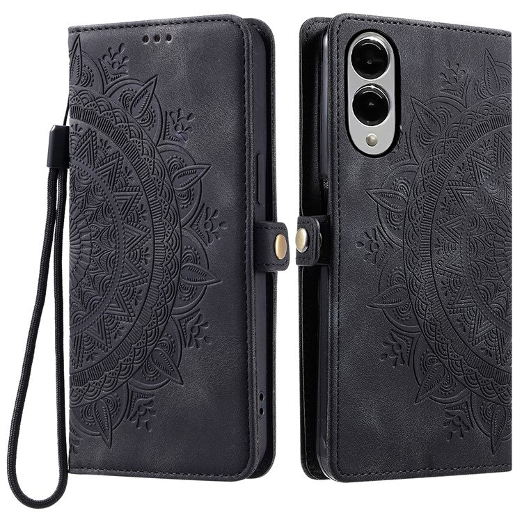 For Samsung Galaxy S25 Edge Wallet Case Leather Phone Cover Skin Feel Totem Imprinted - Black