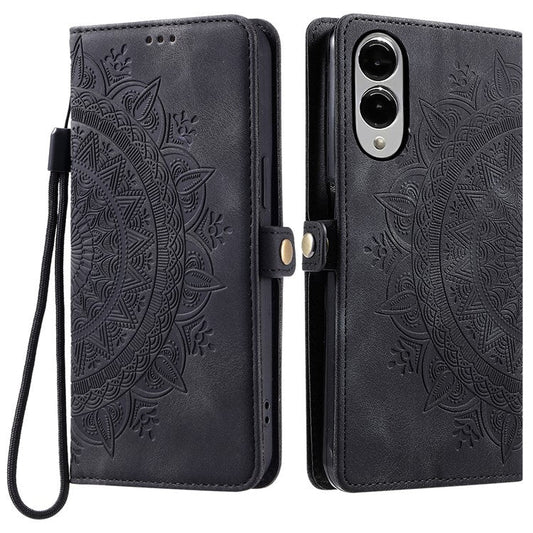 For Samsung Galaxy S25 Edge Wallet Case Leather Phone Cover Skin Feel Totem Imprinted - Black