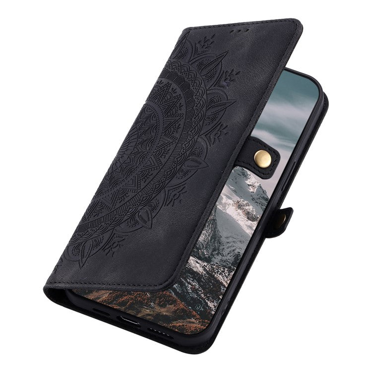 For Samsung Galaxy S25 Edge Wallet Case Leather Phone Cover Skin Feel Totem Imprinted - Black
