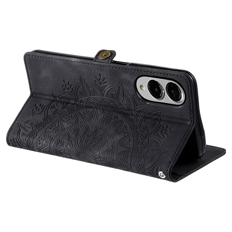 For Samsung Galaxy S25 Edge Wallet Case Leather Phone Cover Skin Feel Totem Imprinted - Black