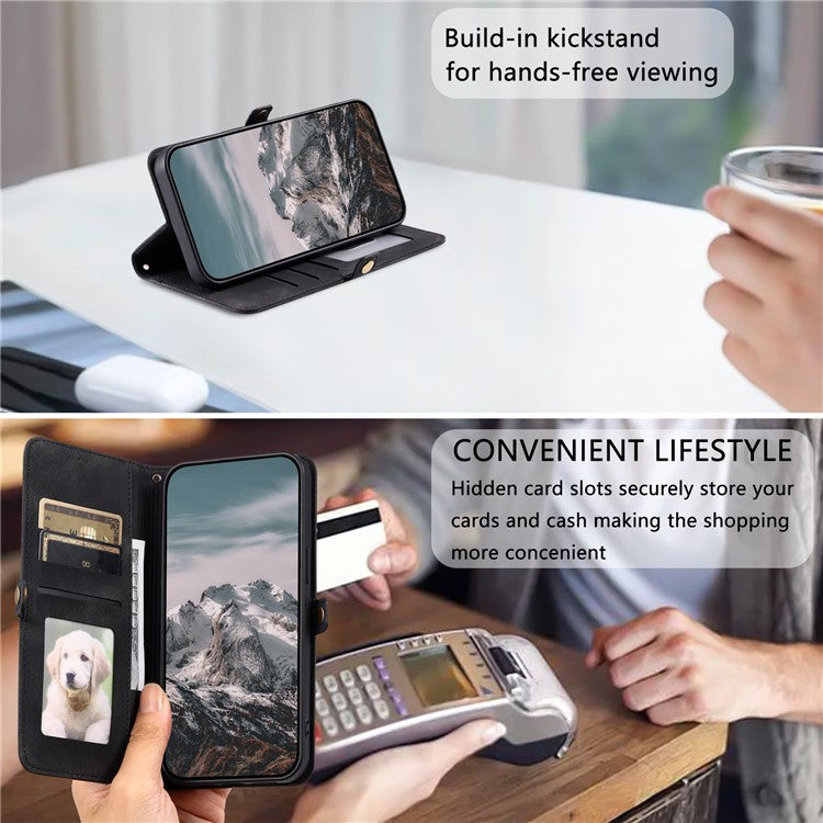 For Samsung Galaxy S25 Edge Wallet Case Leather Phone Cover Skin Feel Totem Imprinted - Black