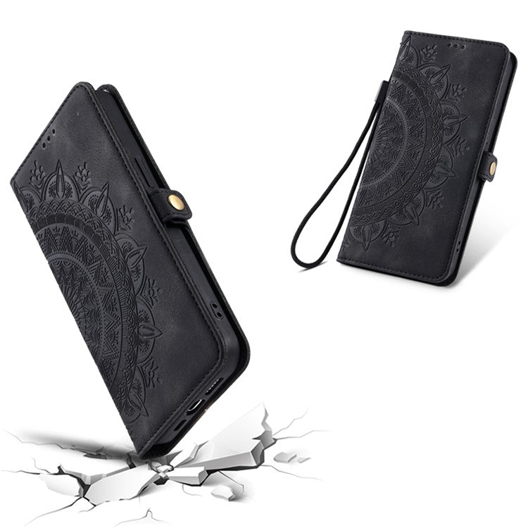 For Samsung Galaxy S25 Edge Wallet Case Leather Phone Cover Skin Feel Totem Imprinted - Black