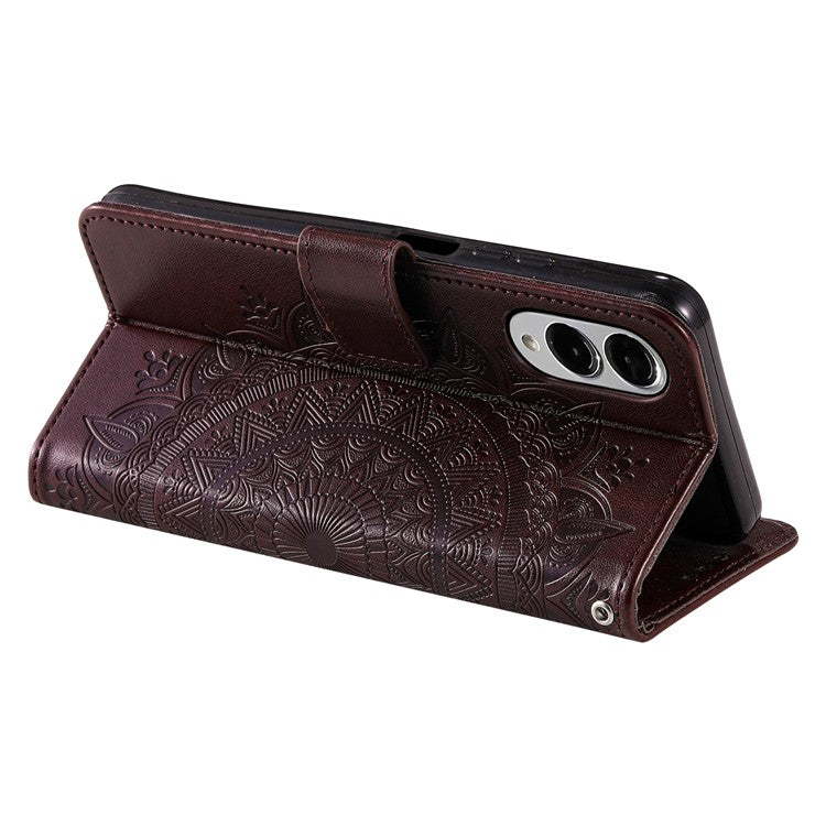 For Samsung Galaxy S25 Edge Stand Case Imprinted Totem PU Leather Wallet Phone Cover - Brown