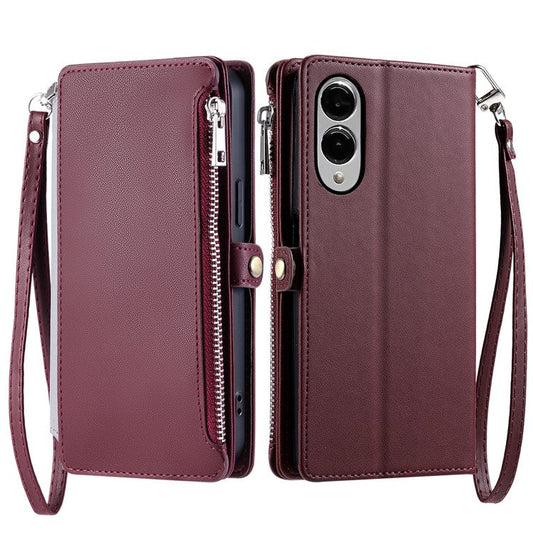 For Samsung Galaxy S25 Edge Case TPU + PU Leather Wallet Phone Cover with Wrist Strap - Wine Red