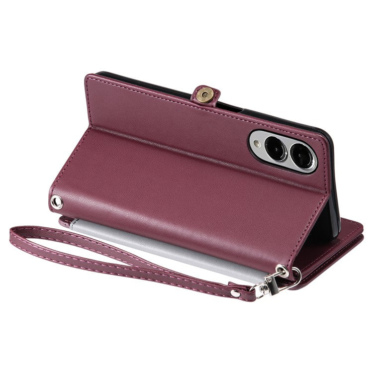 For Samsung Galaxy S25 Edge Case TPU + PU Leather Wallet Phone Cover with Wrist Strap - Wine Red