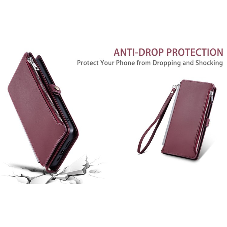 For Samsung Galaxy S25 Edge Case TPU + PU Leather Wallet Phone Cover with Wrist Strap - Wine Red